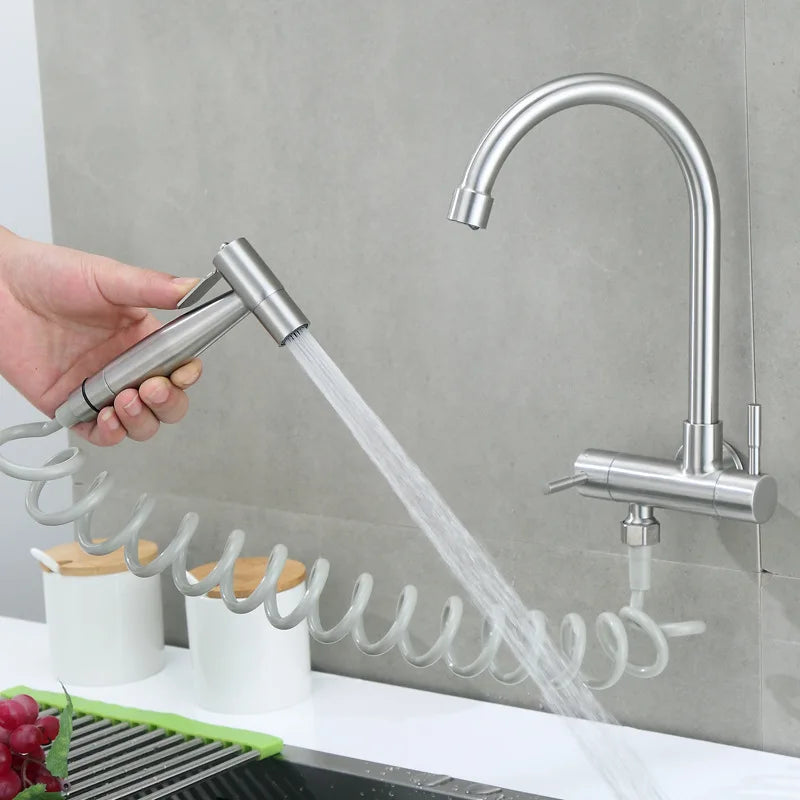 304 Stainless Steel Kitchen Faucet Wall Mounted Double Handle Single Cold Water Tap Sprayer Bidet Nozzle for Balcony