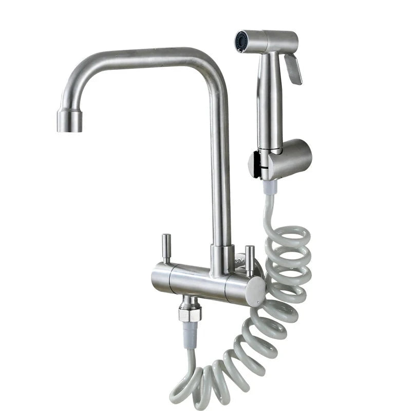 Wall Mount Kitchen Faucet Stainless Steel Cold Water Tap Quick Open Balcony Laundry Pool Faucet With Bidet Sprayer Shower Nozzle