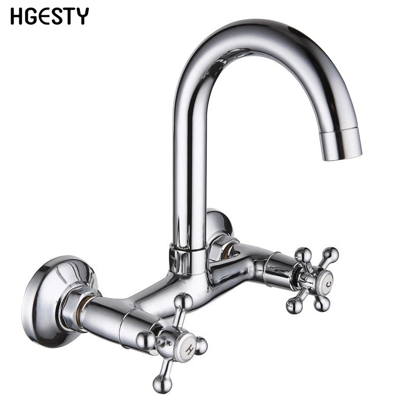 Wall Mounted Kitchen Faucet Bathroom Basin Faucet 360 Degree Swivel Cold Hot Water Mixer Tap  Double Handle Sink Washbasin Tap