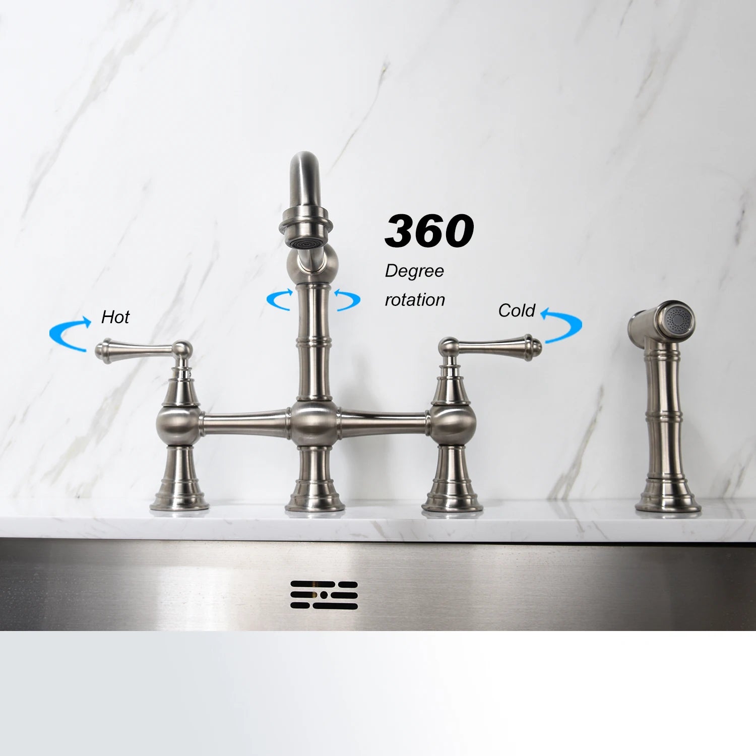 Kitchen Sink Faucet with Pull-Out Side Spray Modern&Chic Bridge Shaped ...