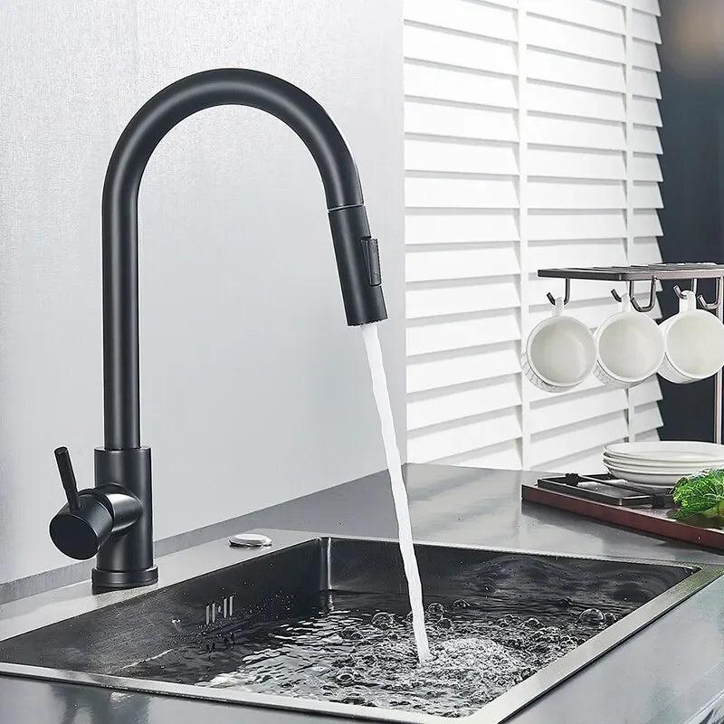 Black Deck Mounted Sprayer Kitchen Faucet, Two Functions, Single Handle, Hot and Cold Water Sink Mixer Tap