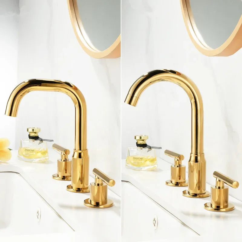 Bathroom Faucet Brass Widespread Gold Basin Brass Sink 3 Hole Double Handle Hot & Cold WashWater Tap