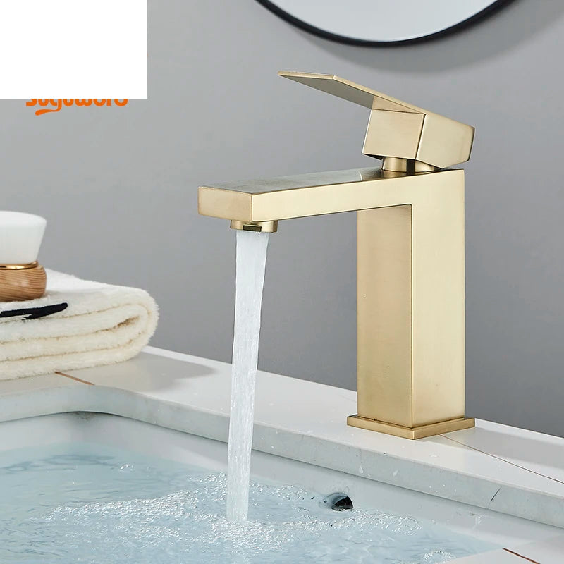 Stainless Steel Bathroom Basin Sink Faucet Deck Mount Square Single Handle Single Hole Cold Hot Water Mixer Washing Tub Crane