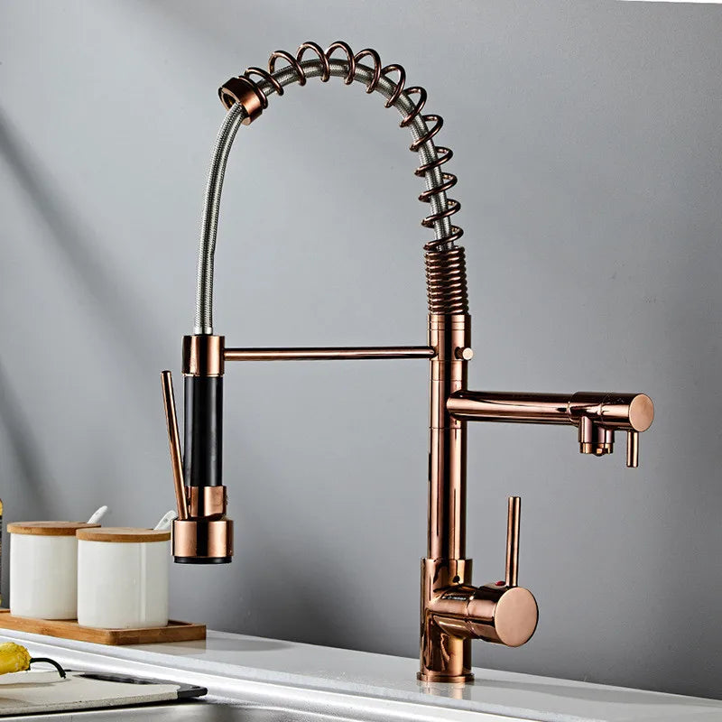 Rose Gold Kitchen Sink Faucets Hot & Cold Solid Brass 360 Degree Rotating Mixer Tap Pull Out Spray Nozzle Dual Handle Deck Mount