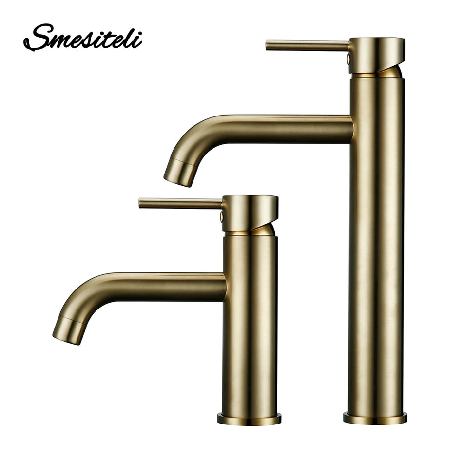 Brushed Gold Basin Faucet Solid Brass Hot And Cold Water Basin Mixer Sink Tap Deck Mounted Bathroom Taps