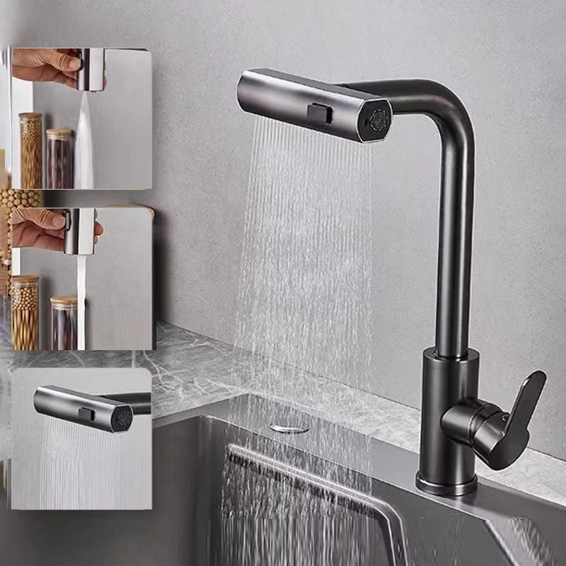 Gray Kitchen Faucets Pull Out Rotation Waterfall Stream Sprayer Head Hot -Cold Water Faucet Wash Basin Rotation Water Tap 