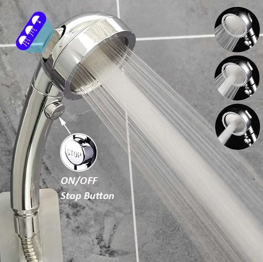 Large Flow High Pressure Shower Head Silver 3 Modes Eco Water Saving Spray Nozzle Massage Rainfall Pressurized Bathroom Shower