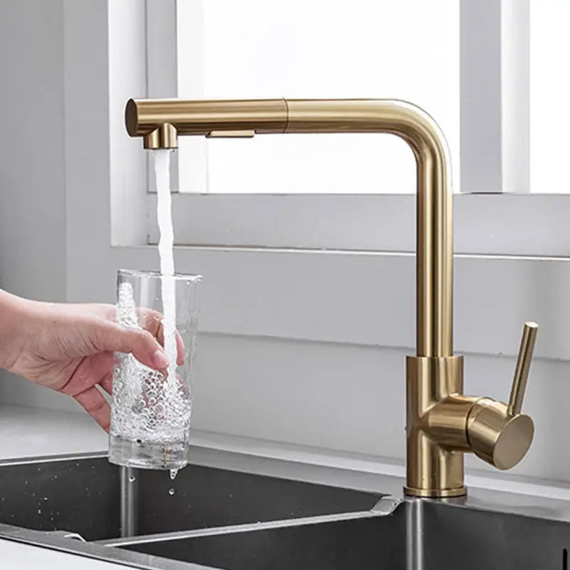 Kitchen Faucet Brush Gold Lead Free Stainless Steel Pull Out Hot and Cold Single Lever Kitchen Sink Mixer