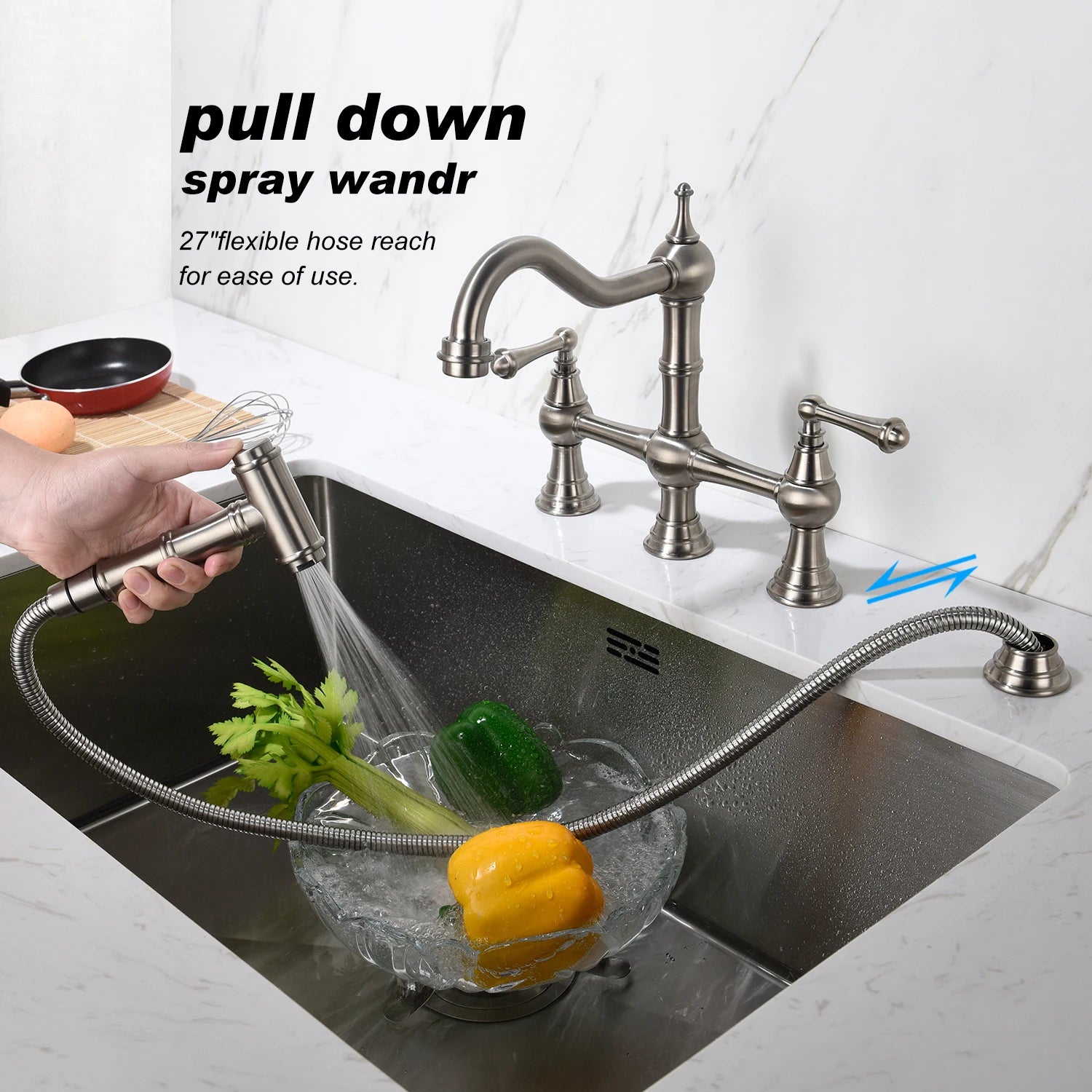 Kitchen Sink Faucet with Pull-Out Side Spray Modern&Chic Bridge Shaped ...