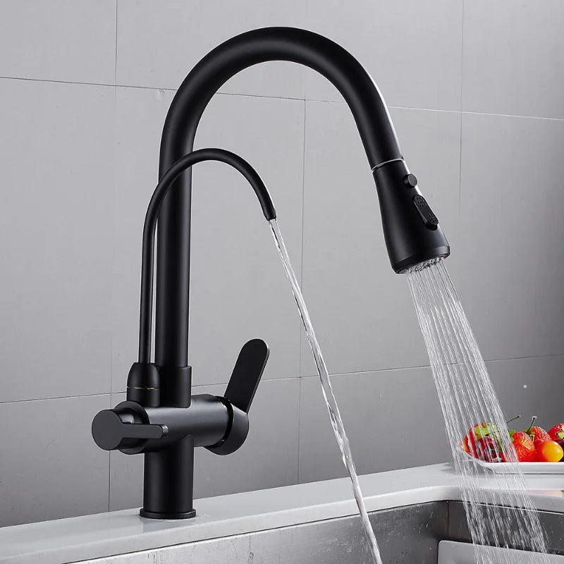 Kitchen Faucet  Sink  Pure Straight Drinking Full Copper Pull-out Hot and Cold Water Black