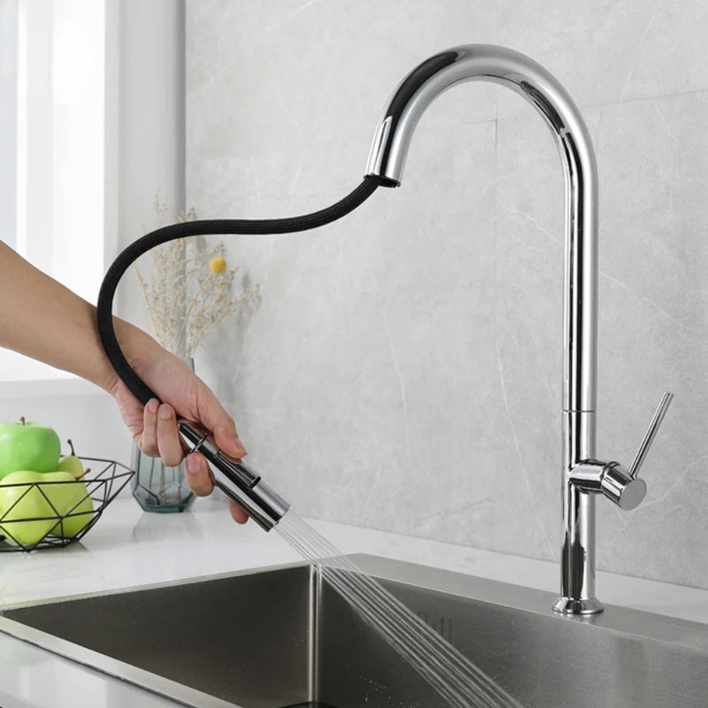 Tall Black Kitchen Faucet Cold and Hot  Mixer Pull Out Two Function Deck Mounted Stainless Steel Material