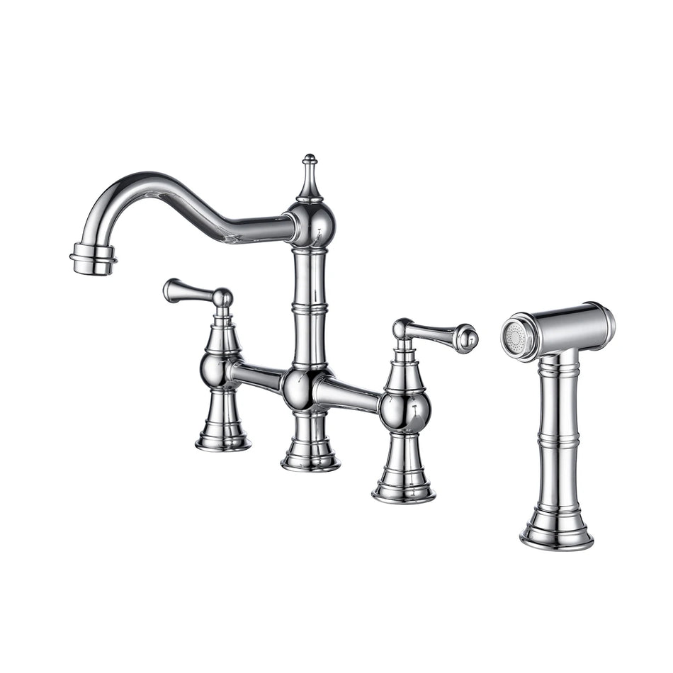 Kitchen Sink Faucet with Pull-Out Side Spray Modern&Chic Bridge Shaped Double Handle Rotary Nozzle Solid Basin Faucet