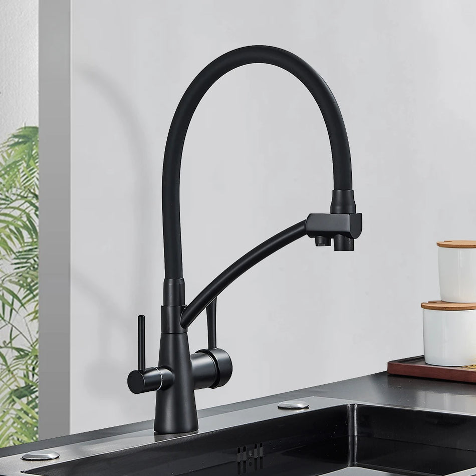 Filter Water Kitchen Faucet 2 in 1 Black Pull Down Pure Water Sink Faucets for Kitchen Deck Swivel Hot Cold Mixer Tap