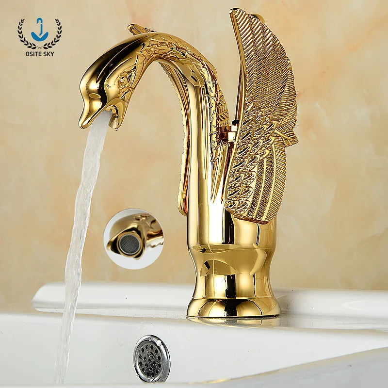 Luxury Golden Swan Shape Vintage Faucet Brass Bathroom Basin Sink Faucet Hot Cold Watet Tap Chrome Elegant Mixer Taps