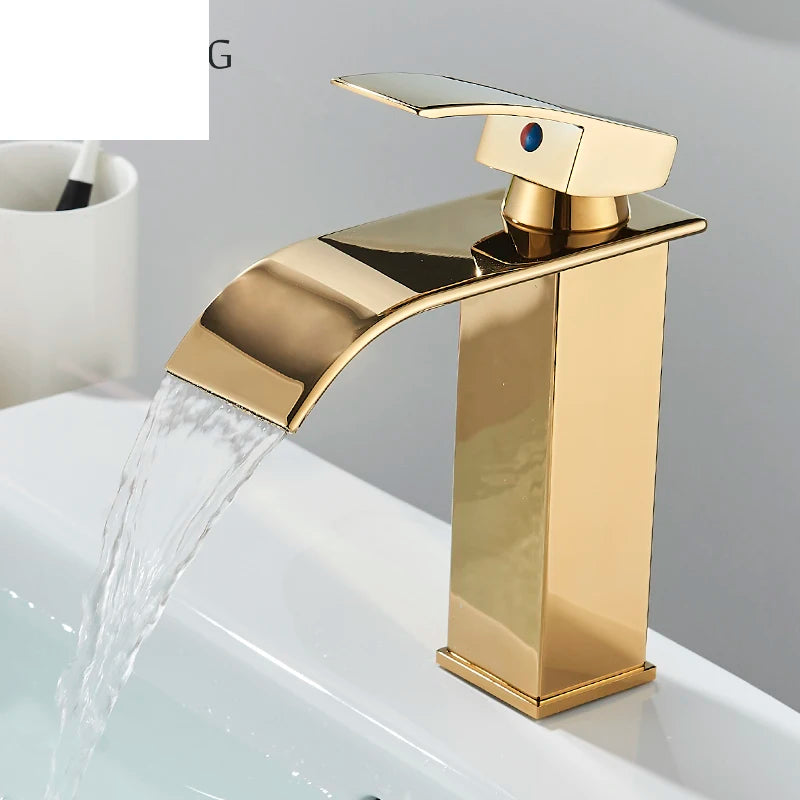 Gold Bathroom Basin Faucet Waterfall Outlet Deck Installation Sink Mixer Cold And Hot Mixing Crane Kitchen Washing Tap