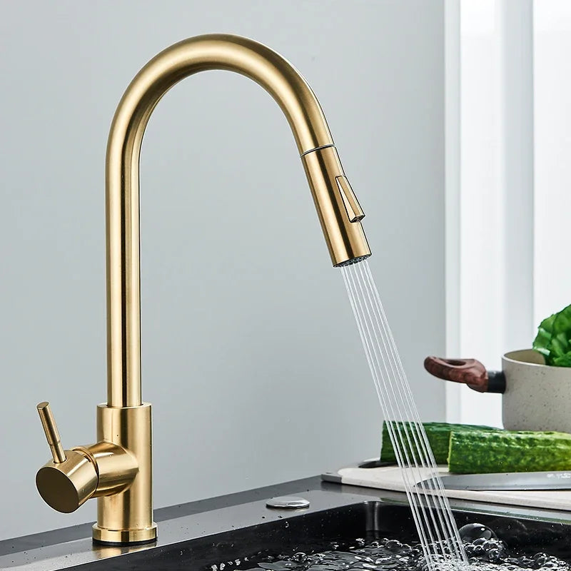 Brushed Gold Kitchen Faucet Pull Out Kitchen Sink Water Tap Single Handle Mixer Tap 360 Rotation Kitchen Shower Faucet