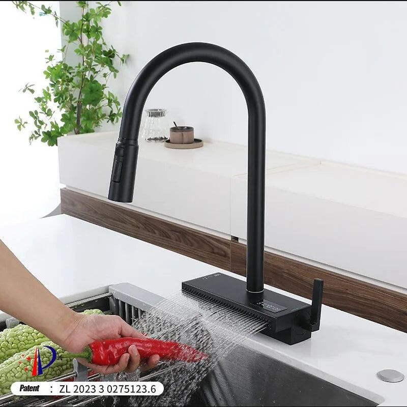 Full Kitchen Single Hole Rain Pull Type Cold And Hot Water Faucet Can Rotate The Sink Sink Digital Display